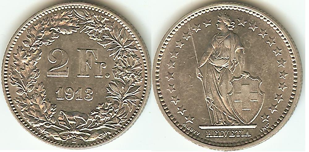 Swiss 2 Francs 1913 AU/ near Unc